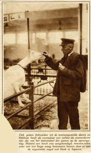 300565 Afbeelding van een oppasser met een geit op de Vee- en Slagersvaktentoonstelling bij de opening van de ...